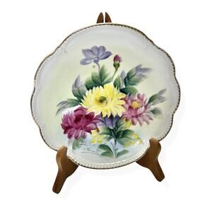 Vintage Hand Painted Plate Signed T Huruta Floral Decorative Gold Edge Display